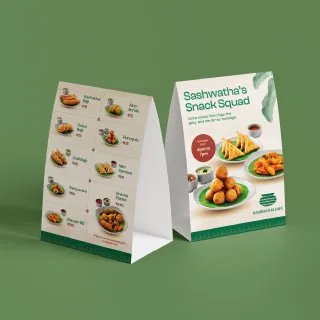 Sashwatha’s Snack Squad table tent menu